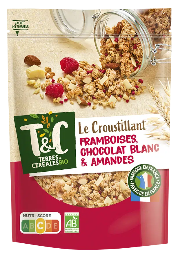 Céréales croustillantes framboises amandes chocolat blanc BIO, Terre et céréales 375G