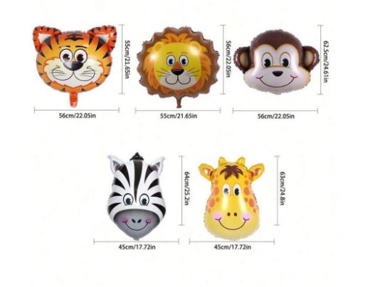 Ballons en feuille d'aluminium -en forme de  Girafe, Zèbre, Tigre, Lion et Singe