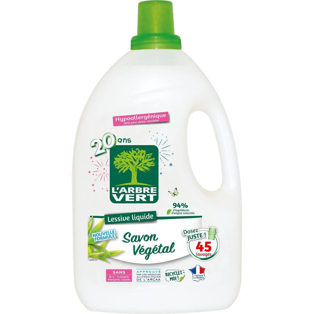 L'Arbre Vert - Lessive Liquide Hypoallergénique au Savon Végétal 1,5L - Douceur et efficacité