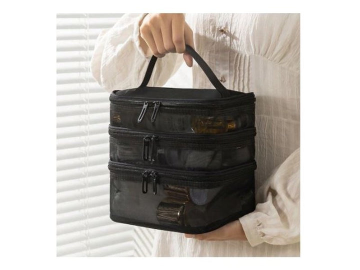 Sac de rangement de maquillage à multiple compartiments, noir transparent