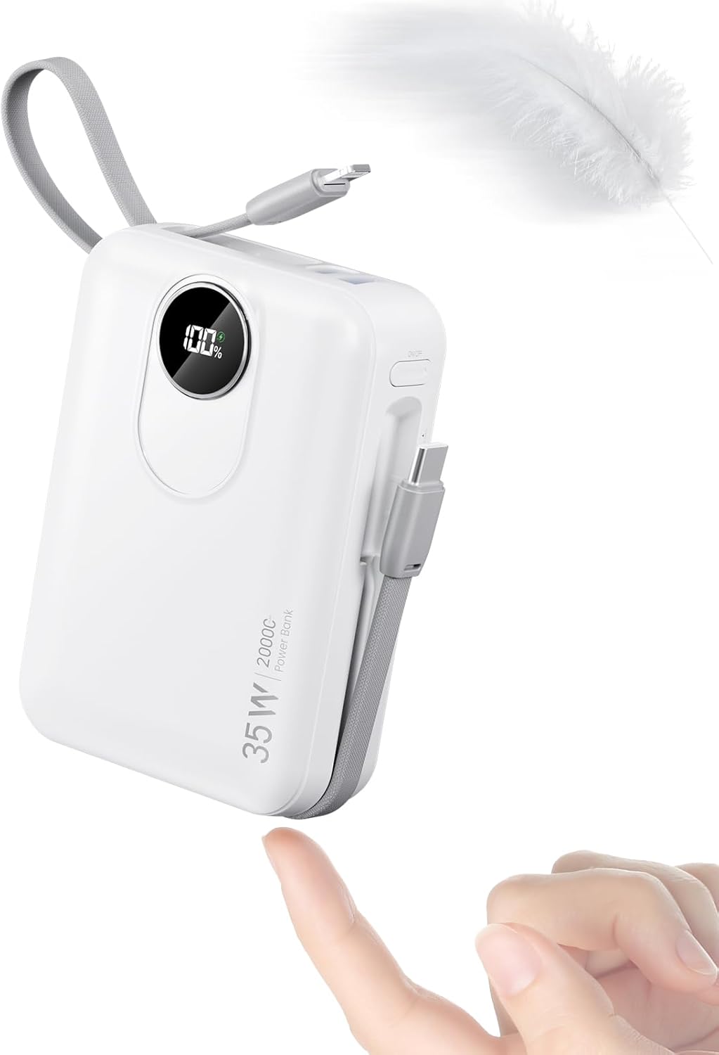 Batterie Externe 20000mAh avec Câble intégré : 35W Power Bank à Charge Rapide pour téléphone Portable, Batterie USB C (Input & Output), Chargeur Portable avec 4 Sorties et 2 entrées- Blanc