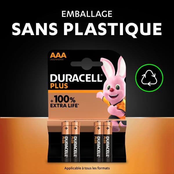 Duracell Plus Piles AAA (lot de 12) - Alcalines 1,5V - Jusqu'à 100% plus longtemps - Idéales pour les appareils du quotidien - Emballage 0% plastique - Conservation 10 ans - LR03 MN2400