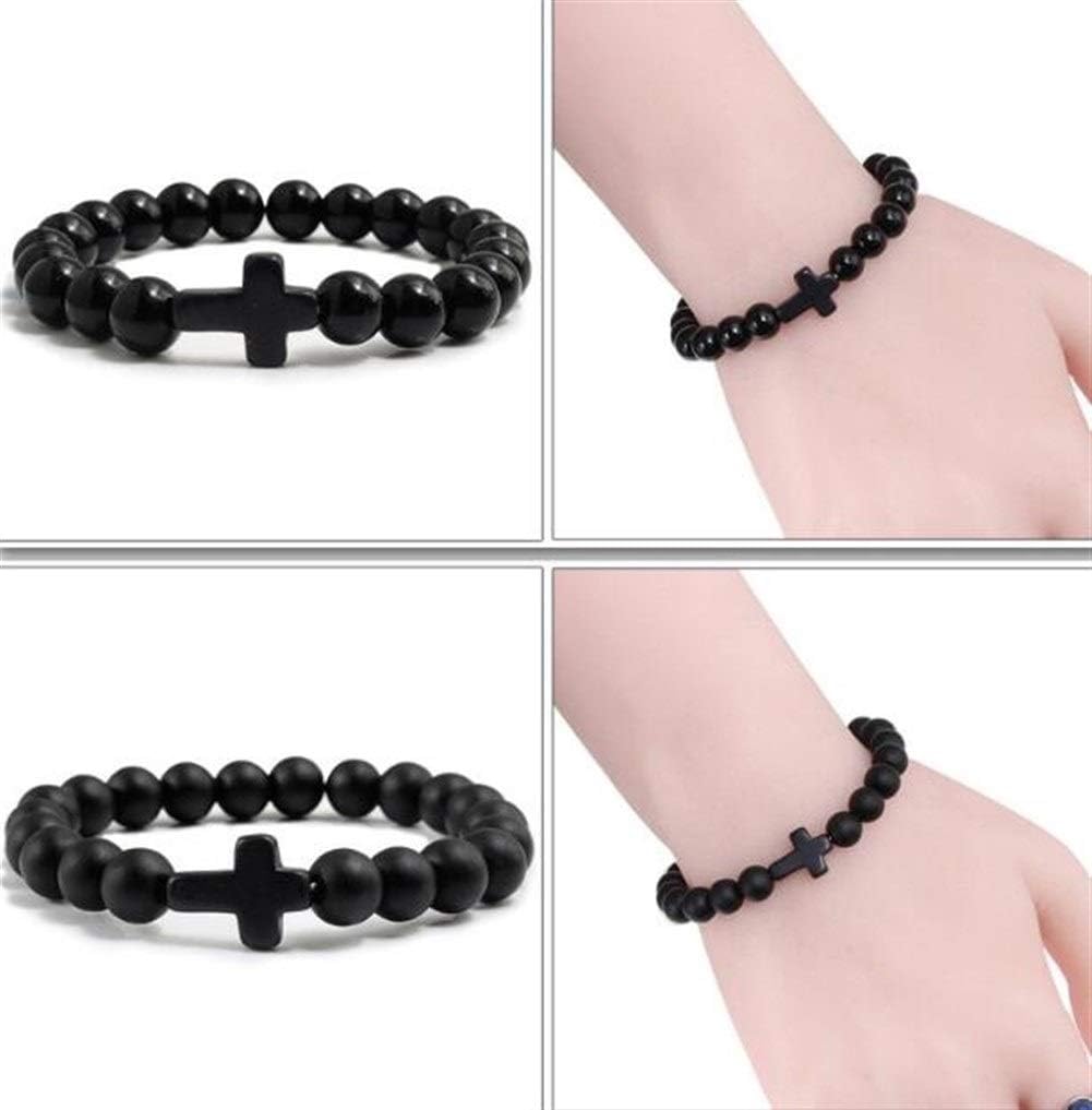 Bracelet Pierre Naturelle Croix Lave Noire Mat Perles - Noir