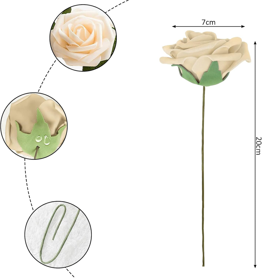 Roses artificielles en mousse Aolytech, 25 roses en mousse au toucher réaliste, décoration de mariage, bouquet de mariée, Saint-Valentin, fête des Mères, baby shower (champagne clair)