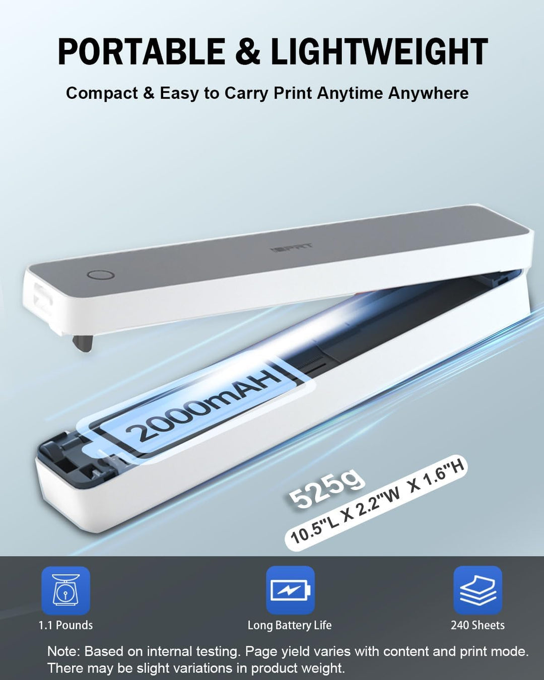 Imprimante portable sans encre iDPRT pour voyage, imprimante thermique sans fil 300 DPI, format 8,5 x 11 pouces, format US Letter, A4, petite imprimante Bluetooth compatible iOS, Android, ordinateur portable, pour bureau, voiture, maison, gris