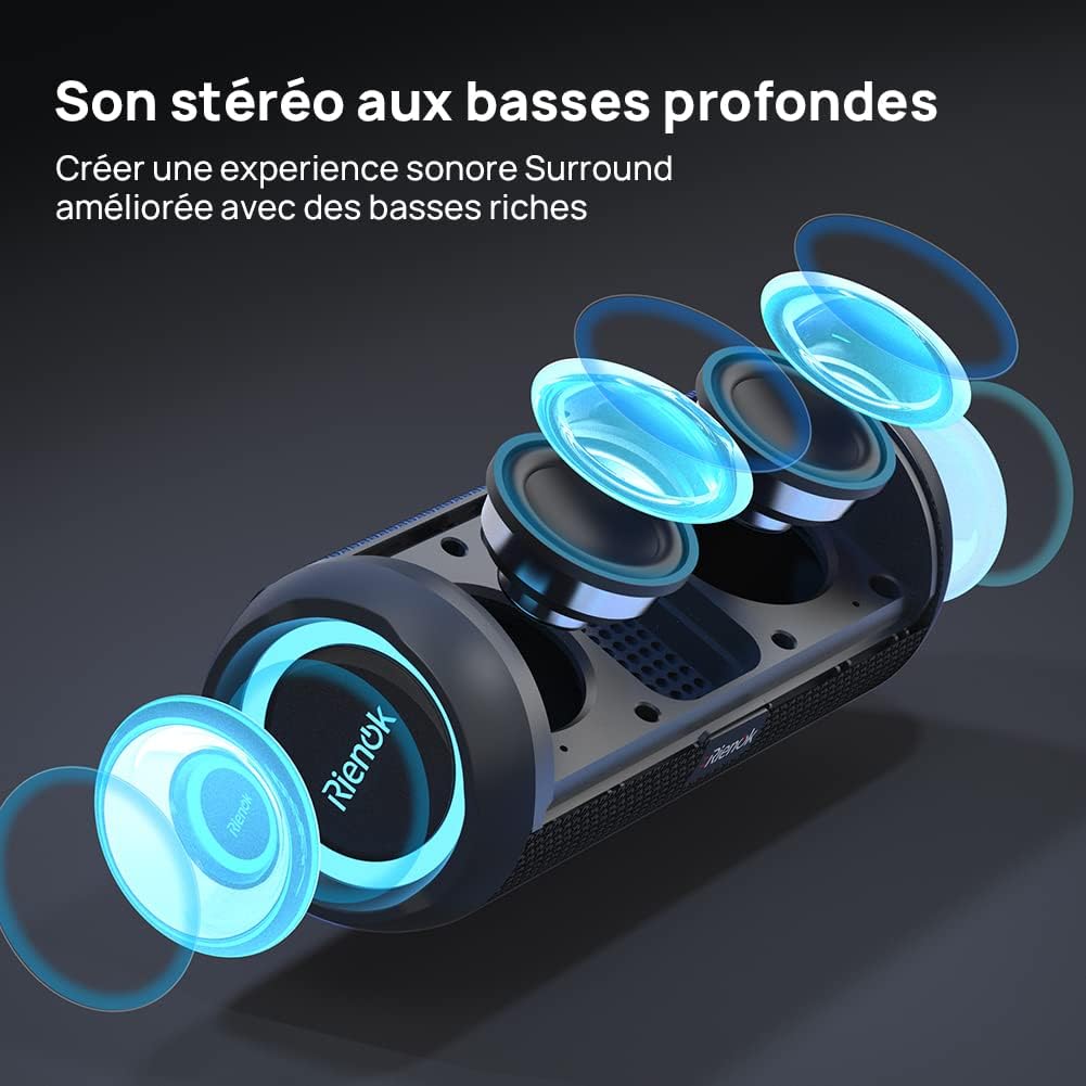 RIENOK - Enceinte Bluetooth Portable aux Basses Renforcées - Bluetooth 5.3