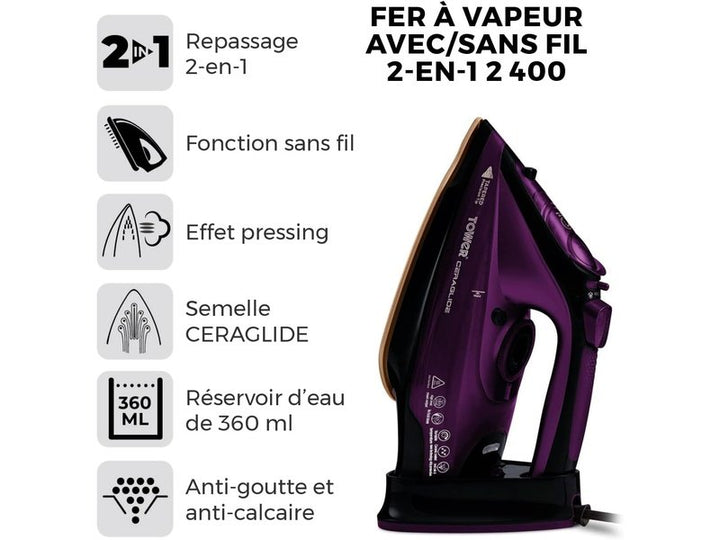 TOWER - Fer à Repasser Sans Fil Puissant - T22008 CeraGlide avec Semelle en Céramique