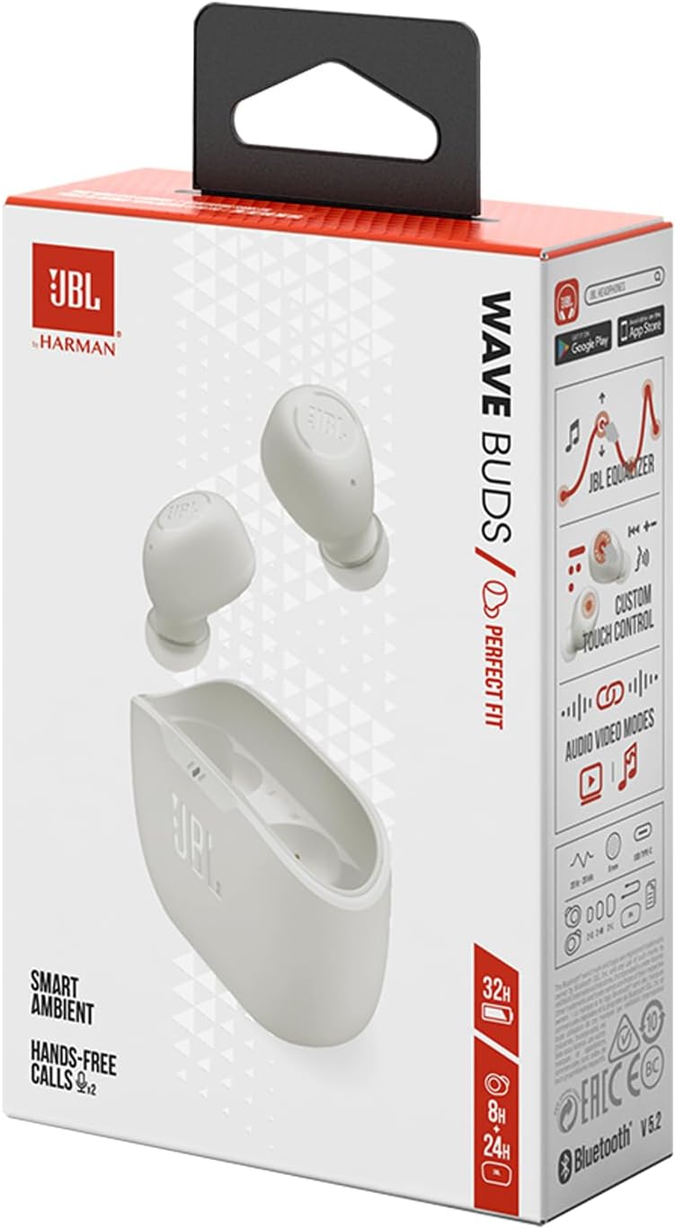JBL Wave Buds -  Écouteurs Intra-Auriculaires sans Fil, Résistance à l'Eau IP54 et IPX2 - en Blanc