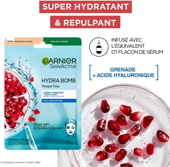 GARNIER Skin Active - Lot de 5 Masques Tissu Hydra Bomb
