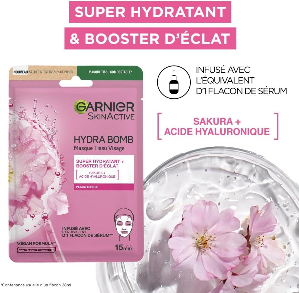 GARNIER Skin Active - Lot de 5 Masques Tissu Hydra Bomb