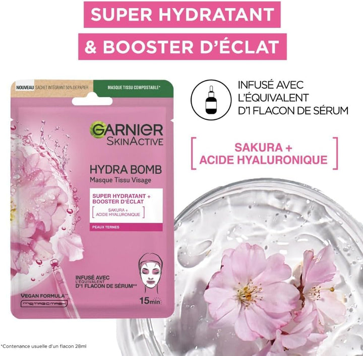 GARNIER Skin Active - Lot de 5 Masques Tissu Hydra Bomb