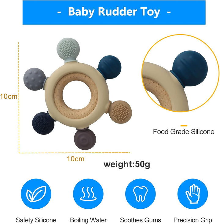 Arudyo Jouets de dentition pour bébé Jouets de dentition en silicone Sans BPA Gouvernail en silicone avec anneau en bois Apaiser les gencives des bébés (gris)