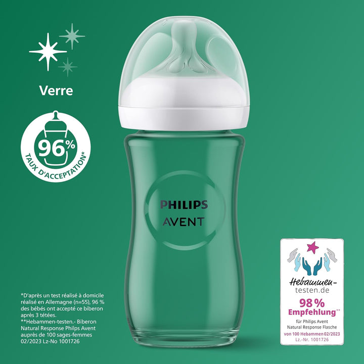 Philips Avent Natural Response - Biberons en verre 240 ml (8 oz) avec tétines à débit moyen (Débit 3), lot de 2, SCY933/02