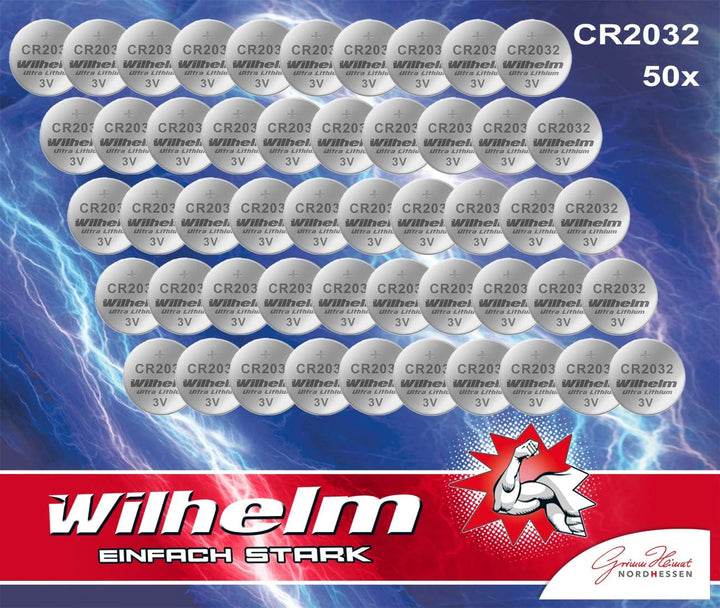 50 Piles Bouton Wilhelm Pile CR 2032 Batterie au Lithium Haute Performance CR2032 Vendu par : ginas-energy-store
