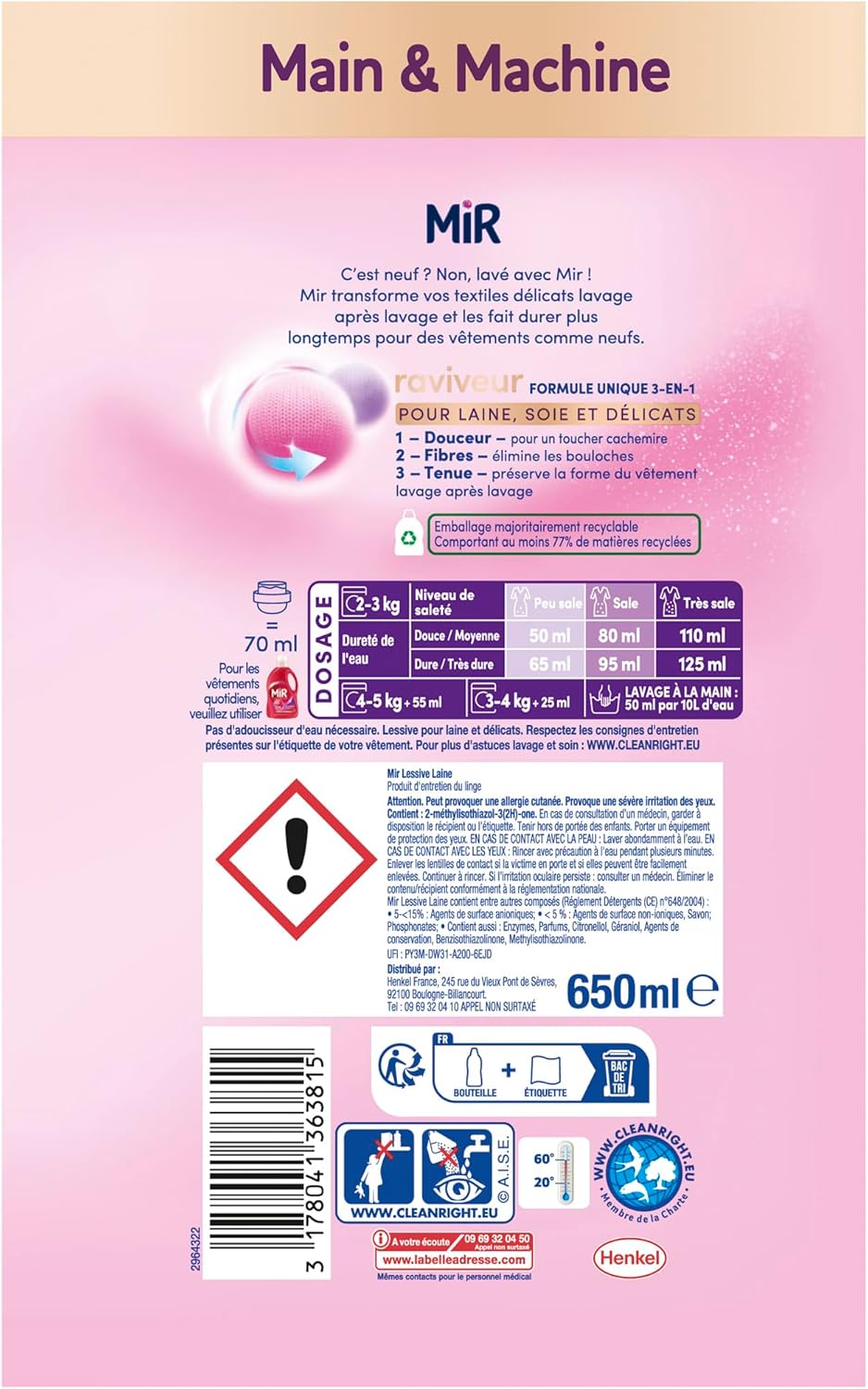 MIR - Lessive Liquide Laine 3 en 1 –  650ml