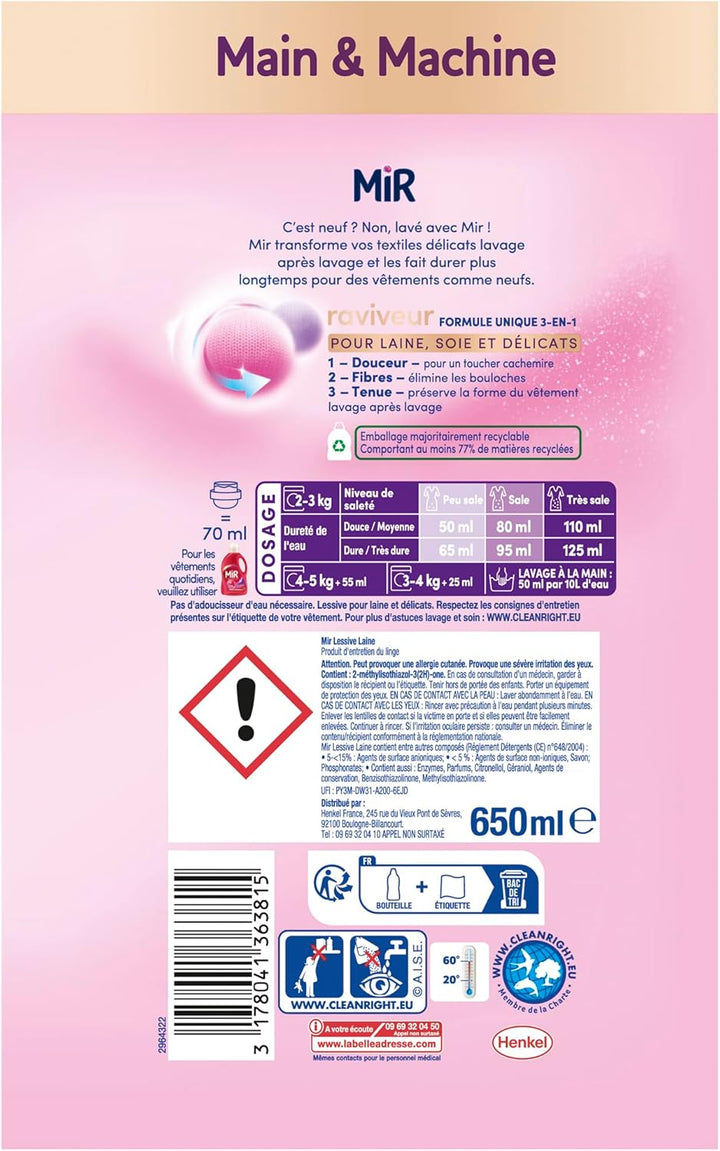 MIR - Lessive Liquide Laine 3 en 1 –  650ml