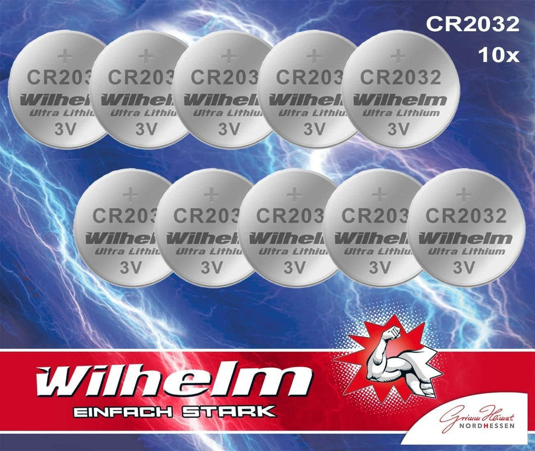 10 Piles Bouton Wilhelm Pile CR 2032 Batterie au Lithium Haute Performance CR2032 Vendu par : ginas-energy-store