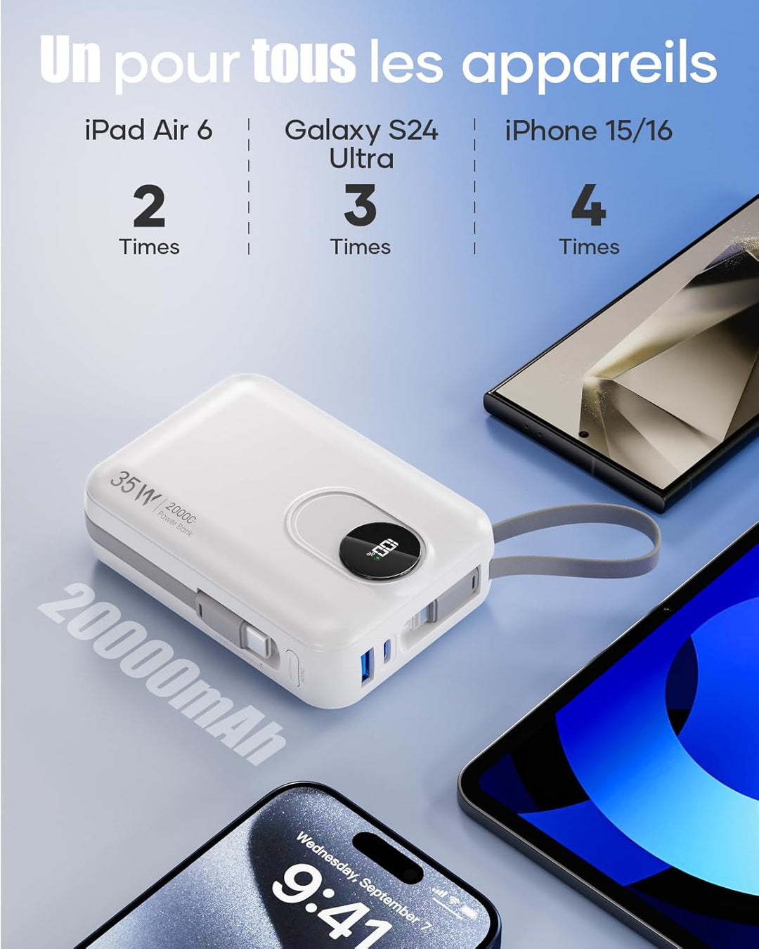 Batterie Externe 20000mAh avec Câble intégré : 35W Power Bank à Charge Rapide pour téléphone Portable, Batterie USB C (Input & Output), Chargeur Portable avec 4 Sorties et 2 entrées- Blanc