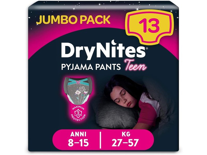 HUGGIES DryNites -  sous-vêtements de nuit absorbants pour filles, tailles 8-15 ans, (27-57 kg) - Pack de 13 couches culottes