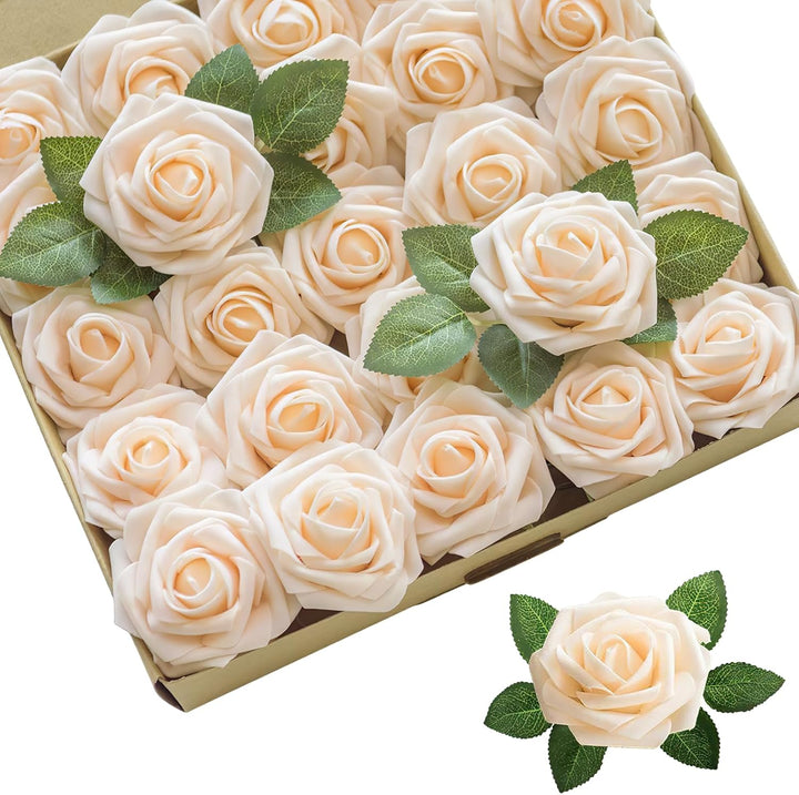 Roses artificielles en mousse Aolytech, 25 roses en mousse au toucher réaliste, décoration de mariage, bouquet de mariée, Saint-Valentin, fête des Mères, baby shower (champagne clair)