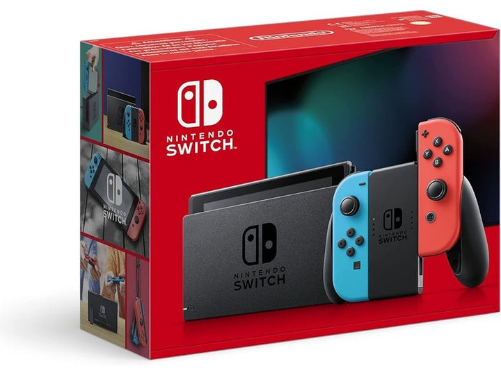 Console de jeu Nintendo Switch avec manettes Joy-Con rouge néon et bleu néon