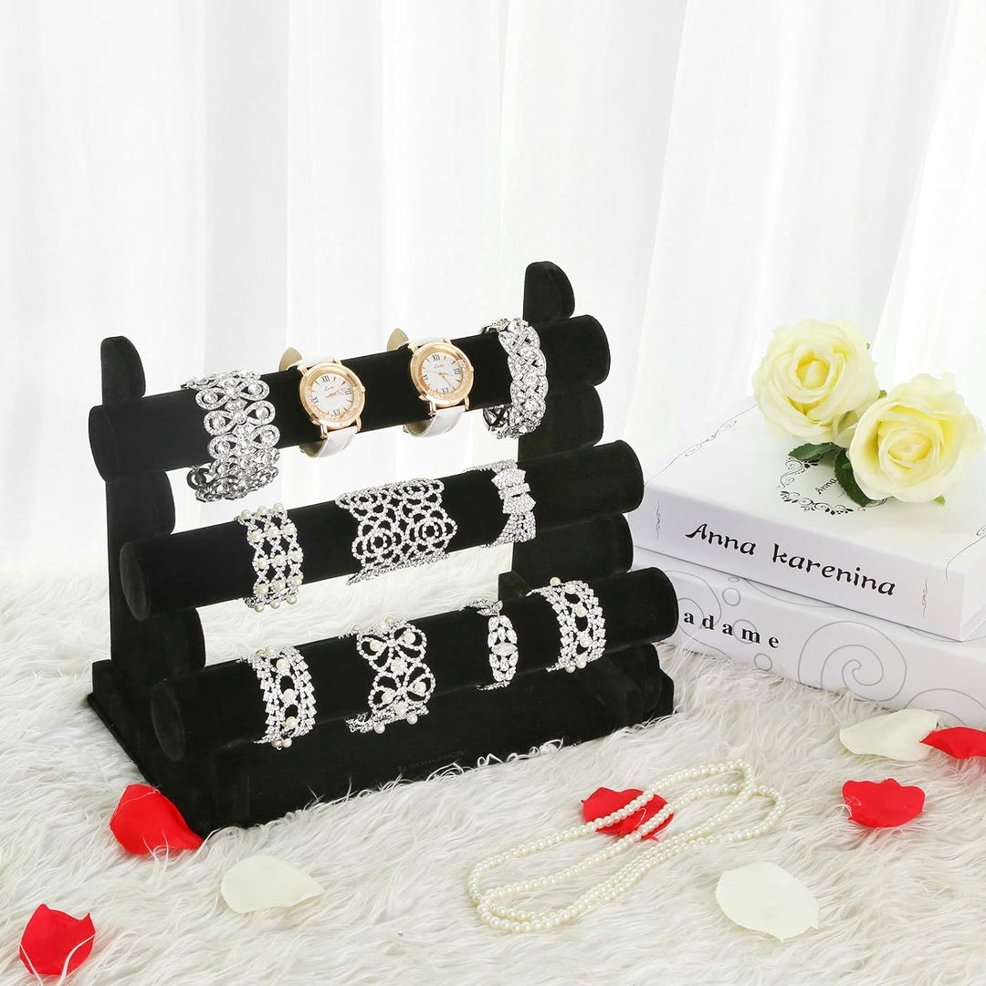 SONGMICS Présentoir, Porte-bijoux, Rangement bijoux, 3 Barres, Colliers, Bracelets, Montres, Revêtement en velours, Grande capacité, Noir
