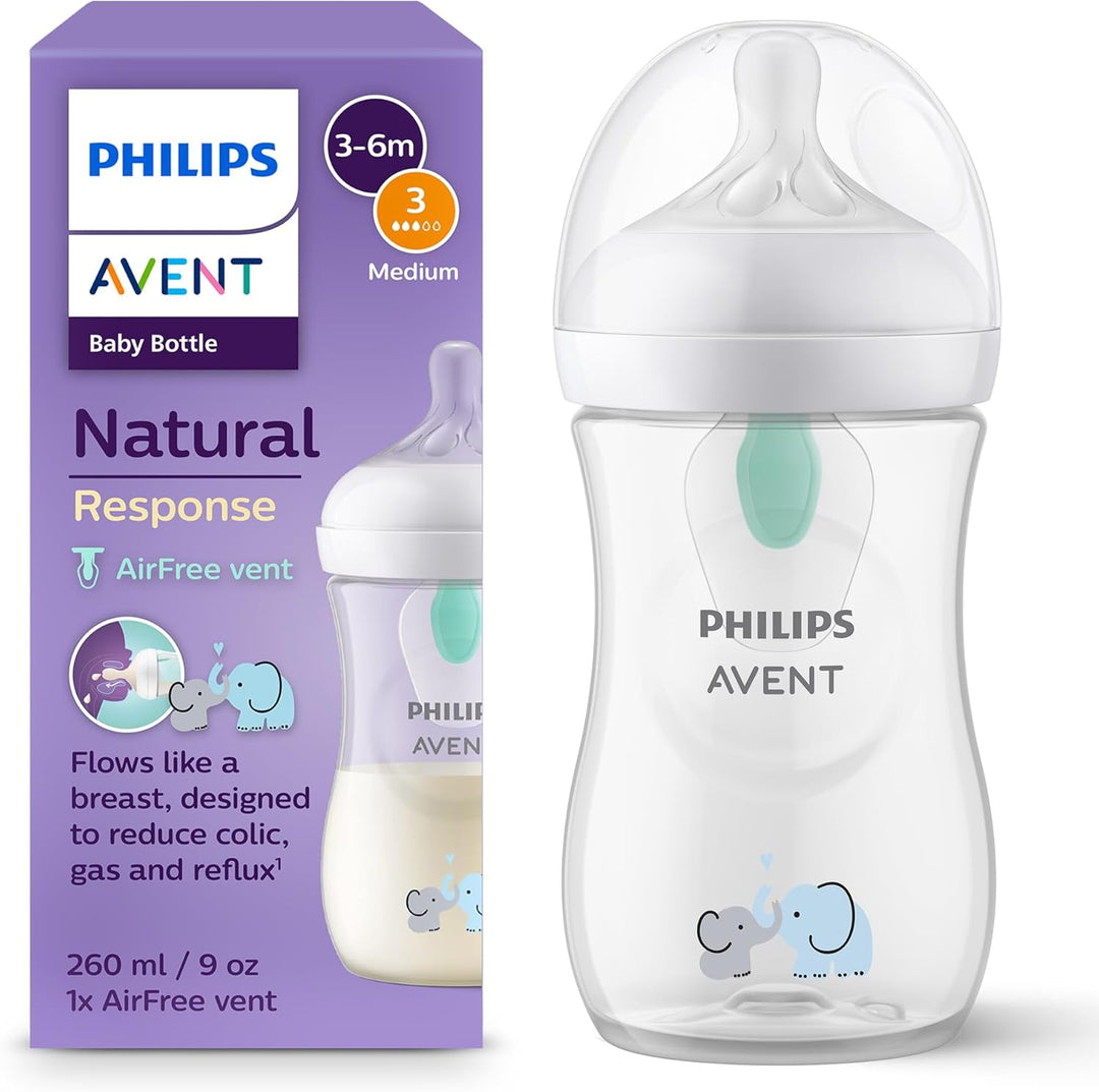 Philips Avent Biberon à Réponse Naturelle de 260 ml avec valve AirFree, sans BPA pour les bébés de 1 mois et +, motif éléphant (modèle SCY673/81)
