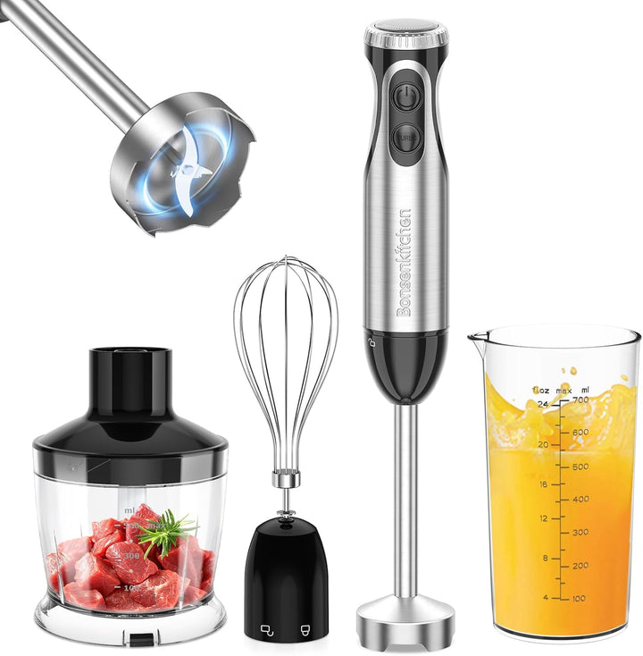 Bonsenkitchen Mixeur Plongeant, 4-en-1 Mixeur Plongeur Multifonction 1000W, 20 Vitesse Réglable, avec Fouet, Hachoir de 500ml et Verre Doseur 700 ml, Robot de Cuisine (HB3203)
