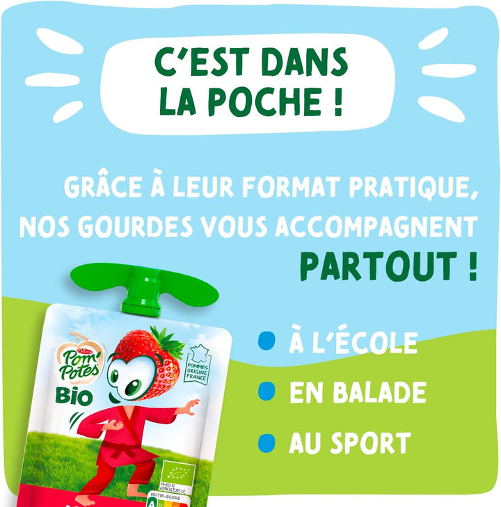 POM'POTES® - Compote Gourde BIO Sans Sucres Ajoutés* - Pomme Nature - Pomme Poire - Pomme Abricot - Pomme Fraise - Pommes Françaises - Source De Fibres - Nutri-Score A - 3 Ans Et Plus - 20 x 90g