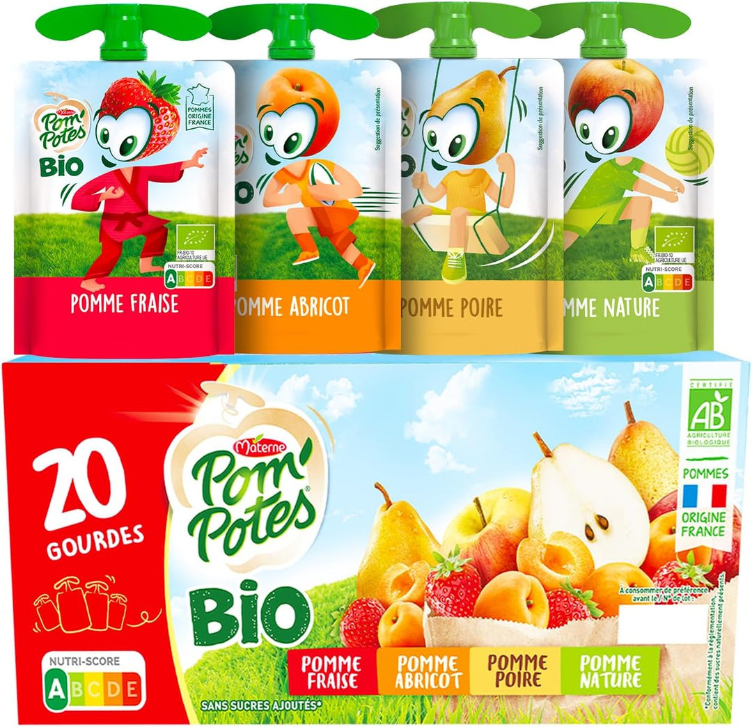 POM'POTES® - Compote Gourde BIO Sans Sucres Ajoutés* - Pomme Nature - Pomme Poire - Pomme Abricot - Pomme Fraise - Pommes Françaises - Source De Fibres - Nutri-Score A - 3 Ans Et Plus - 20 x 90g