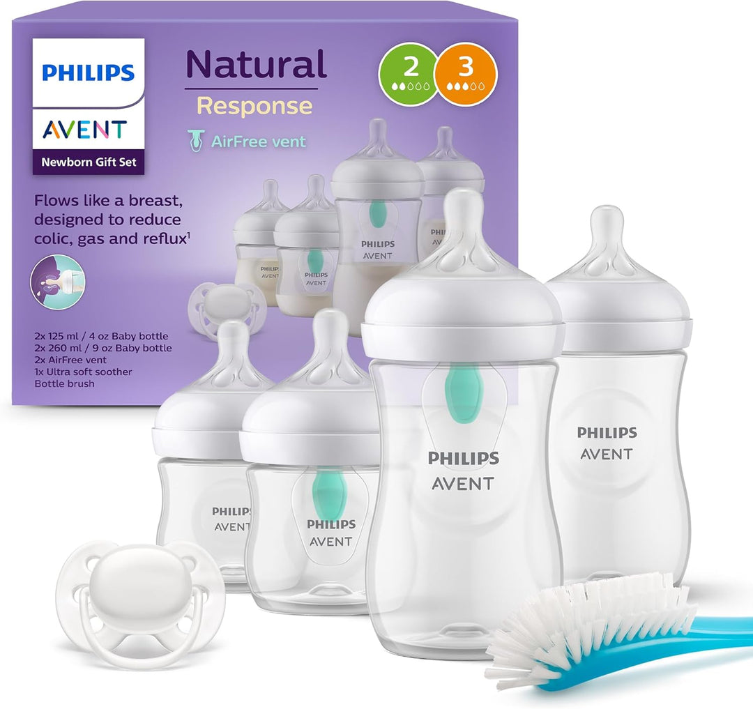 Philips Avent Kit biberons avec valve AirFree pour nouveau-né – 4 biberons à Réponse Naturelle, sucette ultra-douce et goupillon pour les bébés âgés de 0 à 12 mois (modèle SCD657/11)