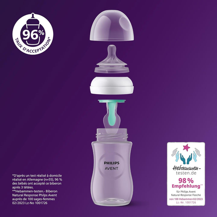 Philips Avent Kit biberons avec valve AirFree pour nouveau-né – 4 biberons à Réponse Naturelle, sucette ultra-douce et goupillon pour les bébés âgés de 0 à 12 mois (modèle SCD657/11)