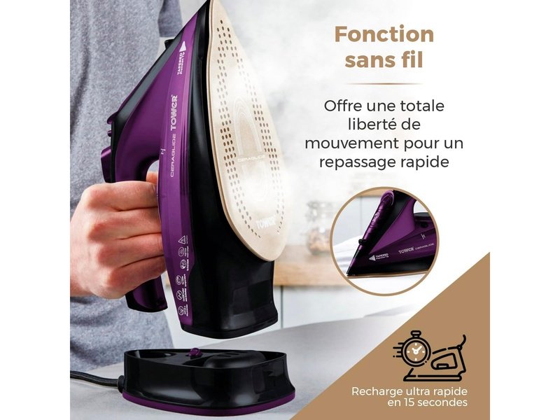 TOWER - Fer à Repasser Sans Fil Puissant - T22008 CeraGlide avec Semelle en Céramique