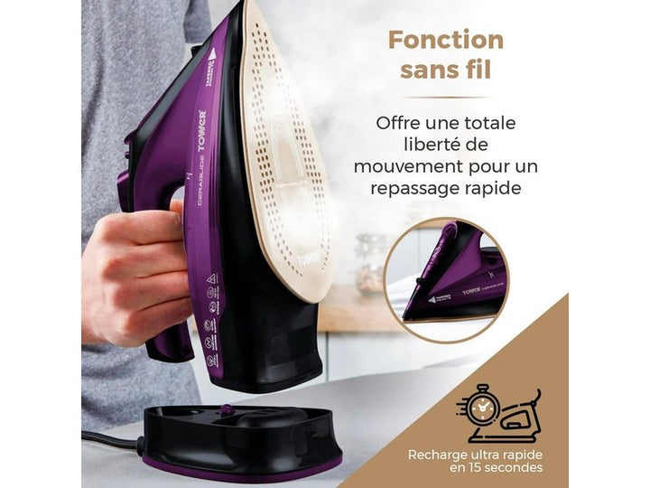 TOWER - Fer à Repasser Sans Fil Puissant - T22008 CeraGlide avec Semelle en Céramique