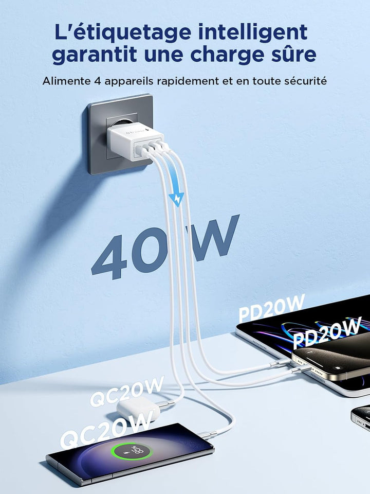 AIONEUS - Chargeur rapide Iphone USB C, 4 Ports & multi-secteur PD+QC 3.1A