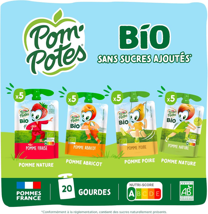 POM'POTES® - Compote Gourde BIO Sans Sucres Ajoutés* - Pomme Nature - Pomme Poire - Pomme Abricot - Pomme Fraise - Pommes Françaises - Source De Fibres - Nutri-Score A - 3 Ans Et Plus - 20 x 90g