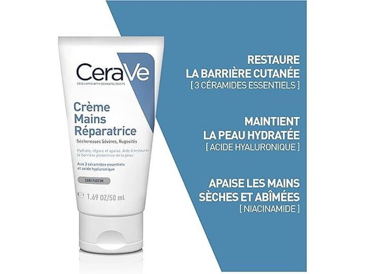 CeraVe - Crème Mains Réparatrice - Sans Parfum - Peau Très Sèche, Gercée, Abîmée ,50 ml
