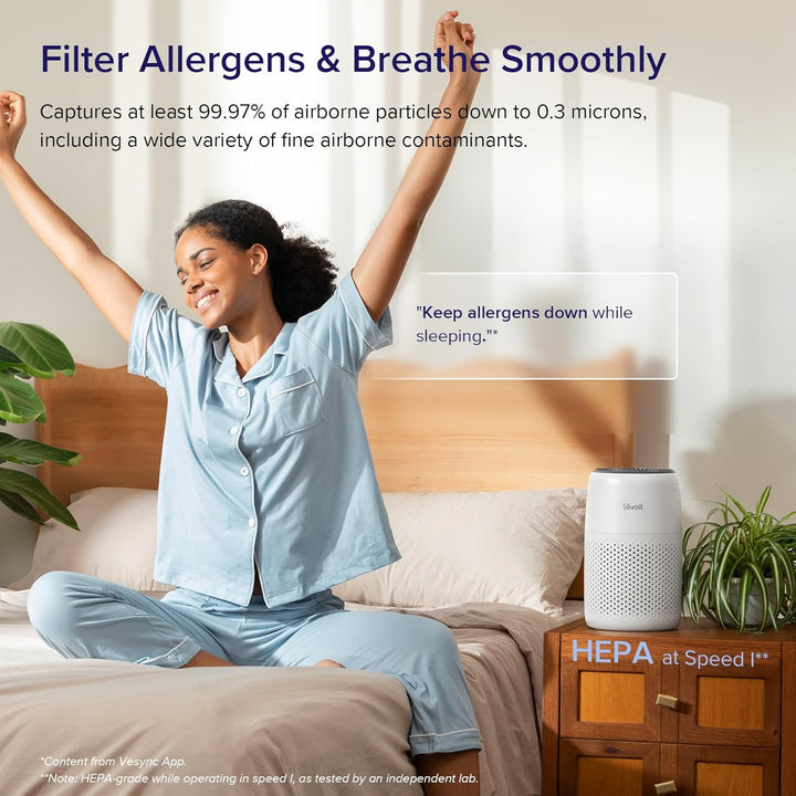 Purificateurs d'air LEVOIT pour chambre à coucher, nettoyeur de filtre 3 en 1 avec éponge parfumée pour un meilleur sommeil, filtre la fumée, les allergies, les squames d'animaux, les odeurs, la poussière, le bureau, portable, Core Mini-P, blanc