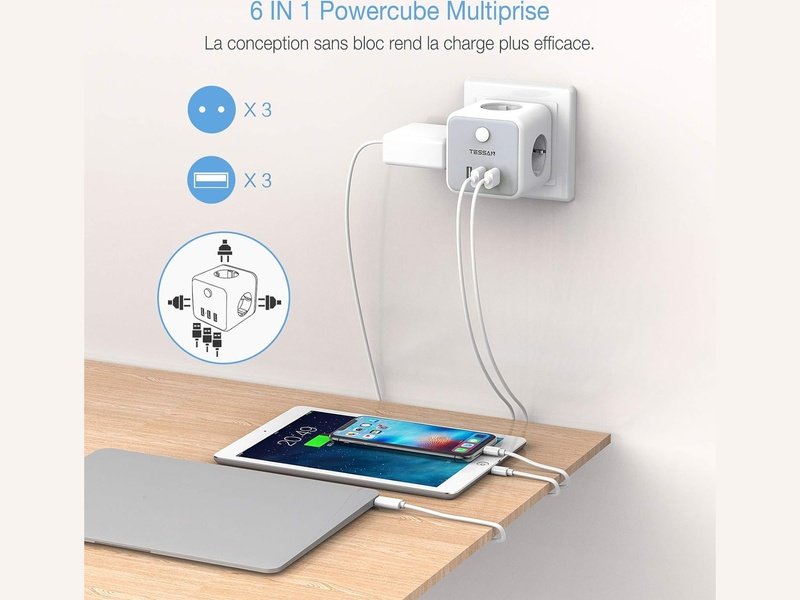 Prise Murale USB TESSAN Cube 3 Prises Polyvalente et Pratique