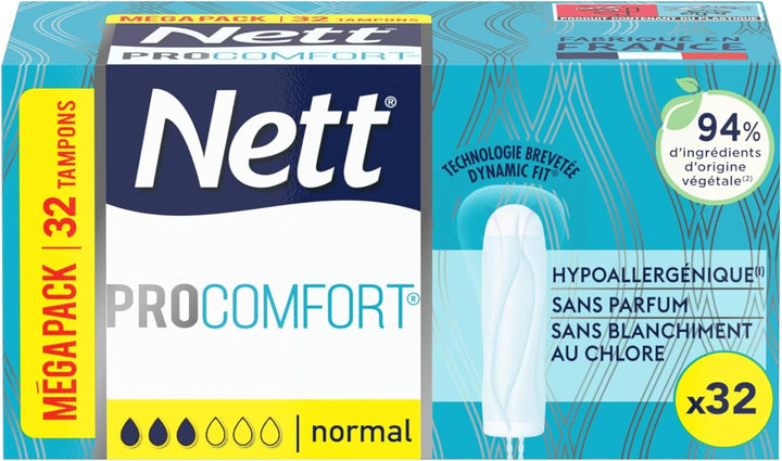 NETT - Tampon ProComfort Normal Sans Applicateur (boîte de de 32 pièces) – Tampons hypoallergéniques, sans parfum et sans blanchiment au chlore – Protection hygiénique pour flux moyen