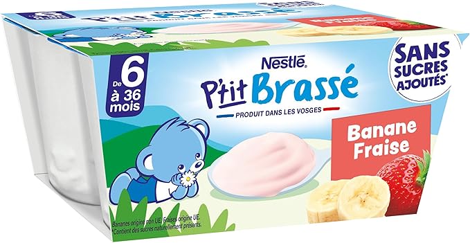 NESTLÉ – P’tit Brassé Fraise banane sans sucre ajouté – Dessert Lacté Bébé Dès 6 Mois 4X90G