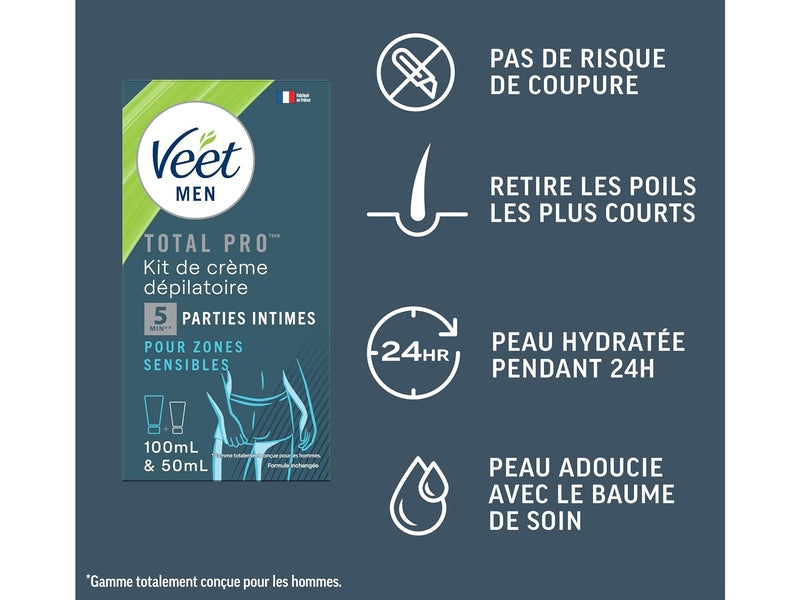 Veet Men - Kit d’Épilation Parties Intimes - Crème Dépilatoire 100ml et Baume de Soin 50ml - Zones Sensibles