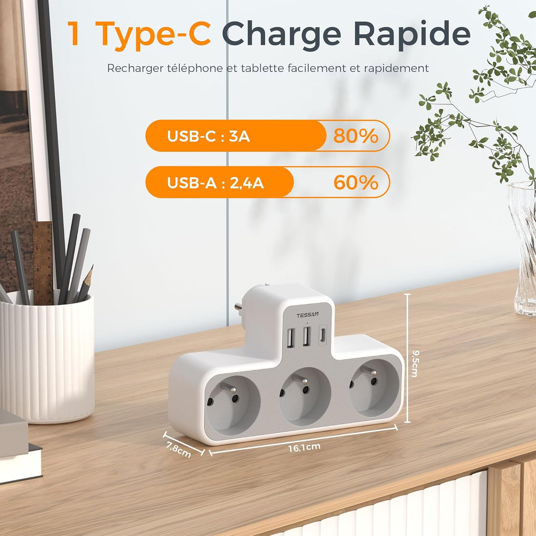 TESSAN - Multiprise Murale 6 en 1 – 3 Prises + 3 Ports USB - 4000W