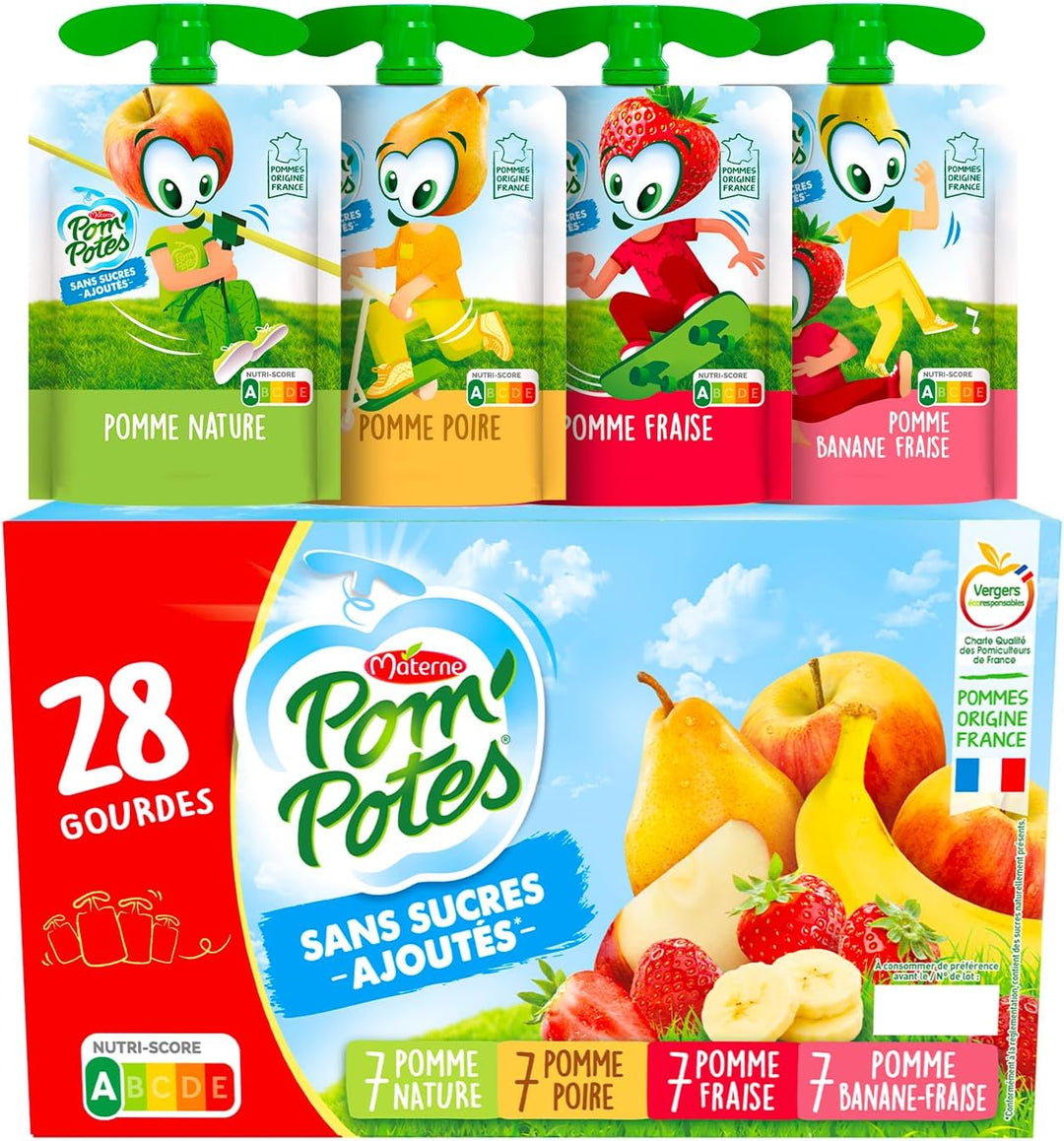 POM'POTES - Compote Gourde Sans Sucres Ajoutés* - Pomme Nature - Pomme Poire - Pomme Banane - Pomme Banane Fraise - Pommes Françaises - 28 x 90g