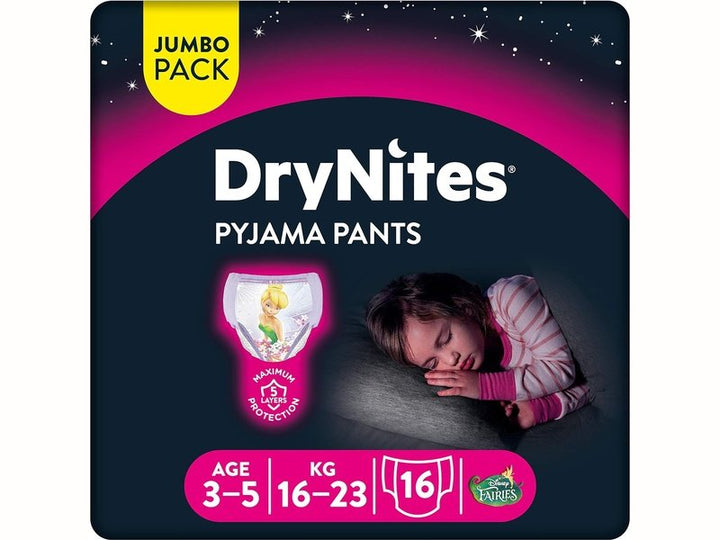 HUGGIES DryNites - sous-vêtements de nuit  - Taille 3-5 ans - Pour Fille (16-23 kg) - Lot de 16 couches culottes