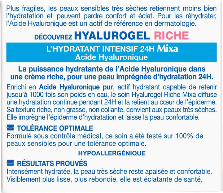 Mixa - Crème Hydratante Riche en Hyalurogel pour Peaux Sensibles Déshydratées - 50 ml