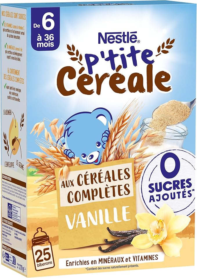 NESTLÉ - P'TITE CÉRÉALE VANILLE AUX CÉRÉALES COMPLÈTES 0 SUCRES AJOUTÉS DES 6 MOIS BOÎTE-270G