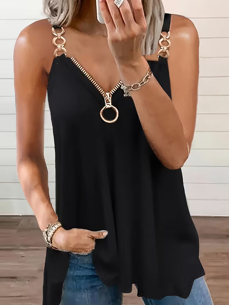 Débardeur Femme Élégant sans Manches avec Fermeture Éclair et Bretelles à Double Boucle - Rouge, Encolure en V, Tenue Décontractée, Haut d'Été Casual | Débardeur En V | Détail Fermeture Éclair
