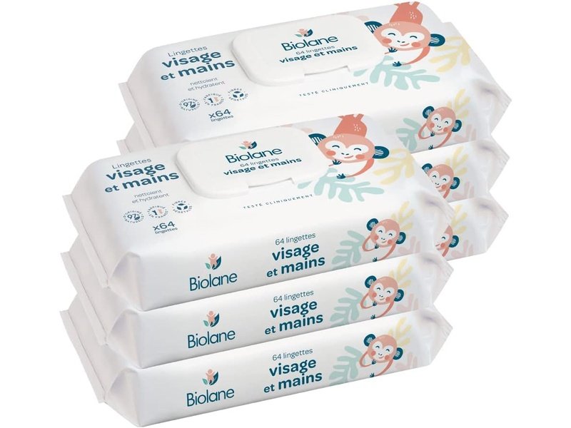 Lingettes Biolane pour bébé, visage et mains – Lot de 6 x 64, disponibles à Dakar en 60 min sur Dialy.







