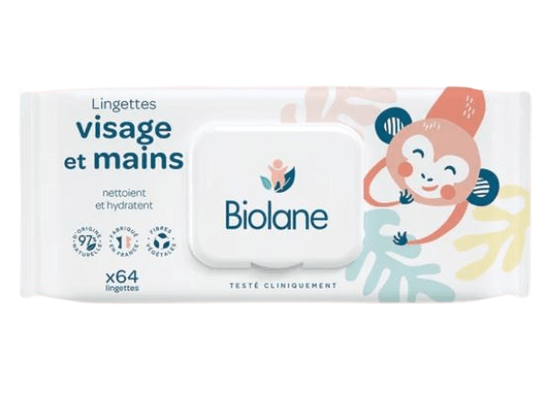 Biolane - Lingettes nettoyantes & rafraîchissantes de bébé pour visage et mains, 64 lingettes